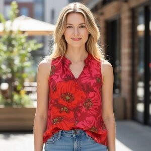 J. Crew Red Poppy Floral Sleeveless 100% Silk Blouse